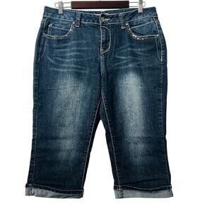 Earl Jeans Women's Size 12 Blue Embellished Capri Crop Stretch Cuffed Denim